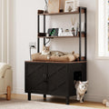Black 55 inch wooden cat litter box enclosure with two shelves and charging sockets