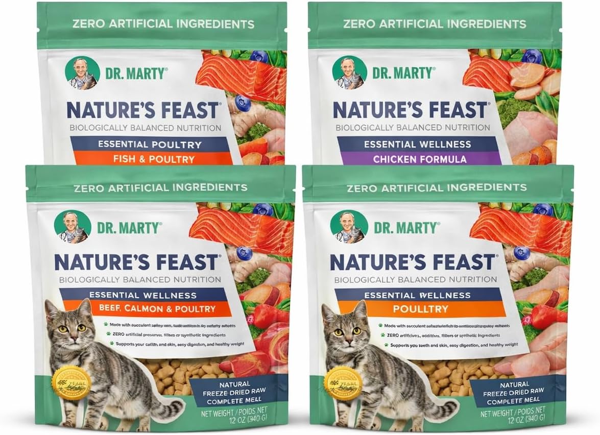 Four 12 oz bags of cat food in poultry, fish, beef and chicken flavors