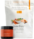 Freeze-dried raw chicken pet food bag beside a 60-count supplement jar