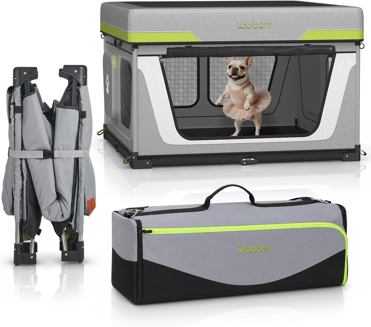 Grey foldable dog playpen with steel frame and removable top cover