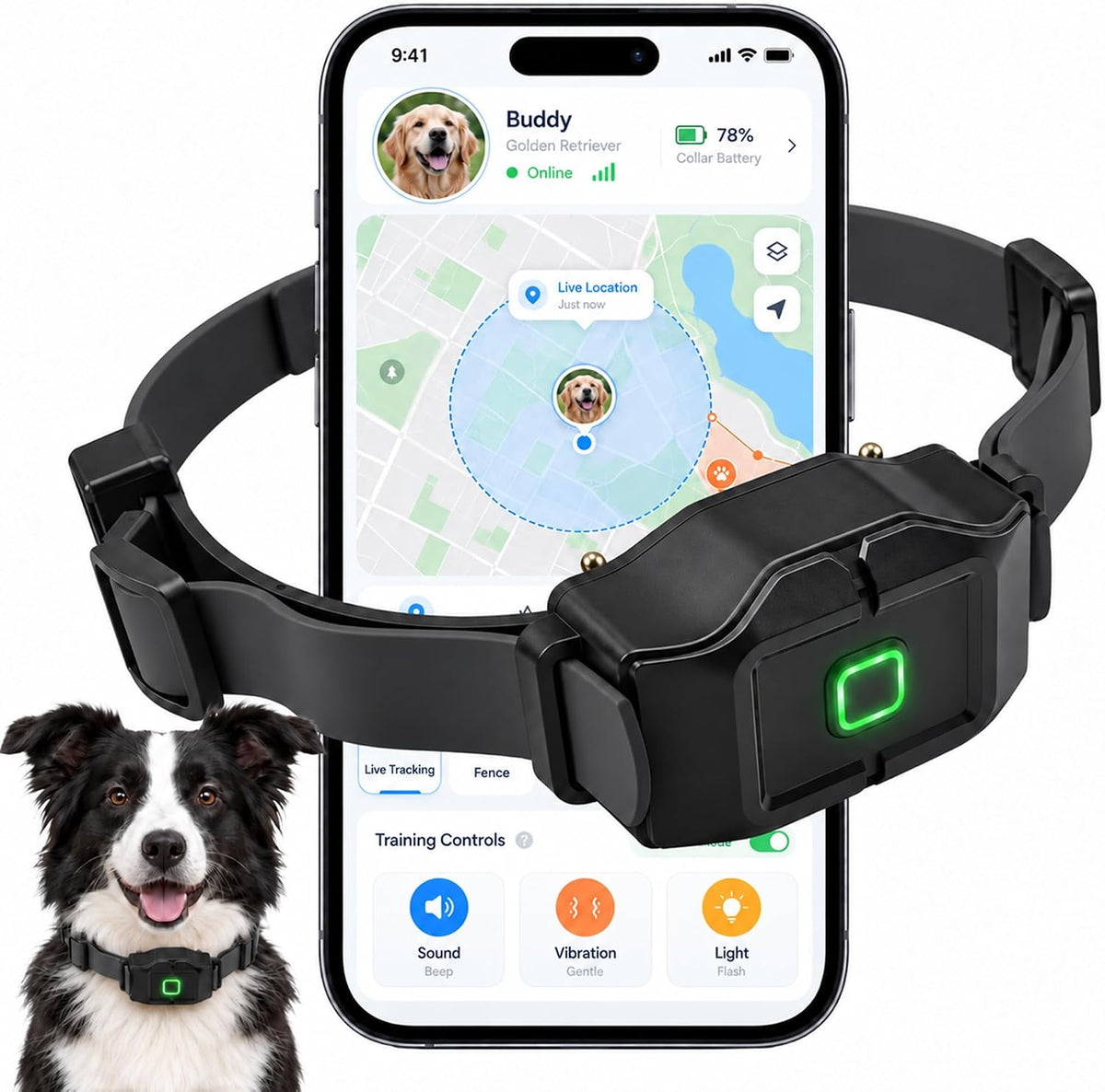 GPS wireless dog fence collar shown with a phone app boundary map – view 2