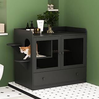 Luxury Cat Litter Box Enclosure, Large Cat Condo with Large Tray, Dog-Proof, Wooden, Black