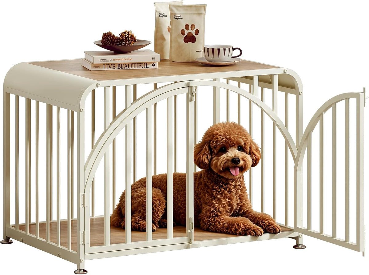 Off white furniture style dog crate end table with arched doors
