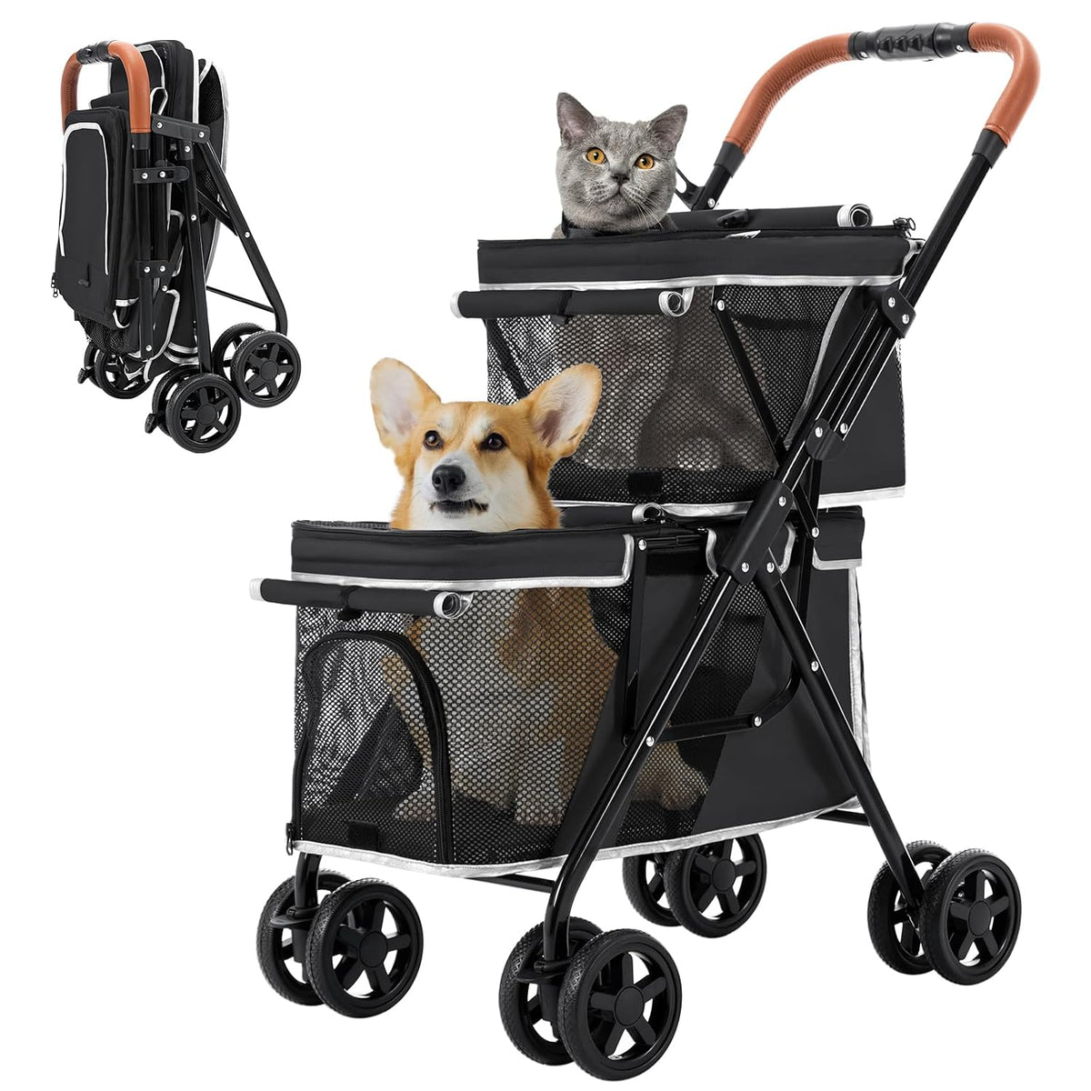 Black two-tier double pet stroller with separate cabins