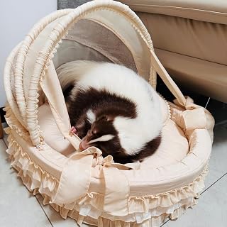 Pet Bassinet Bed, Semi-Enclosed, Cotton Linen, with Lace Canopy and Moon Pillow