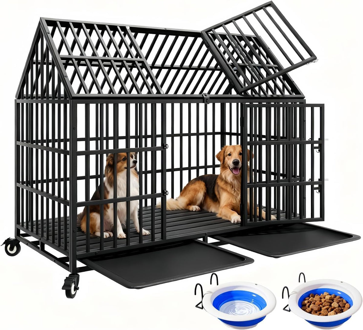 Black 54 inch heavy-duty metal dog kennel with double doors on wheels