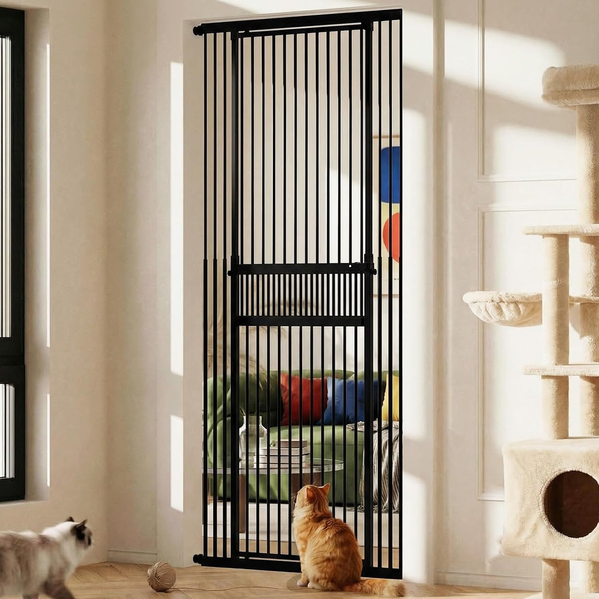 Black extra tall cat gate mounted in a hallway doorway