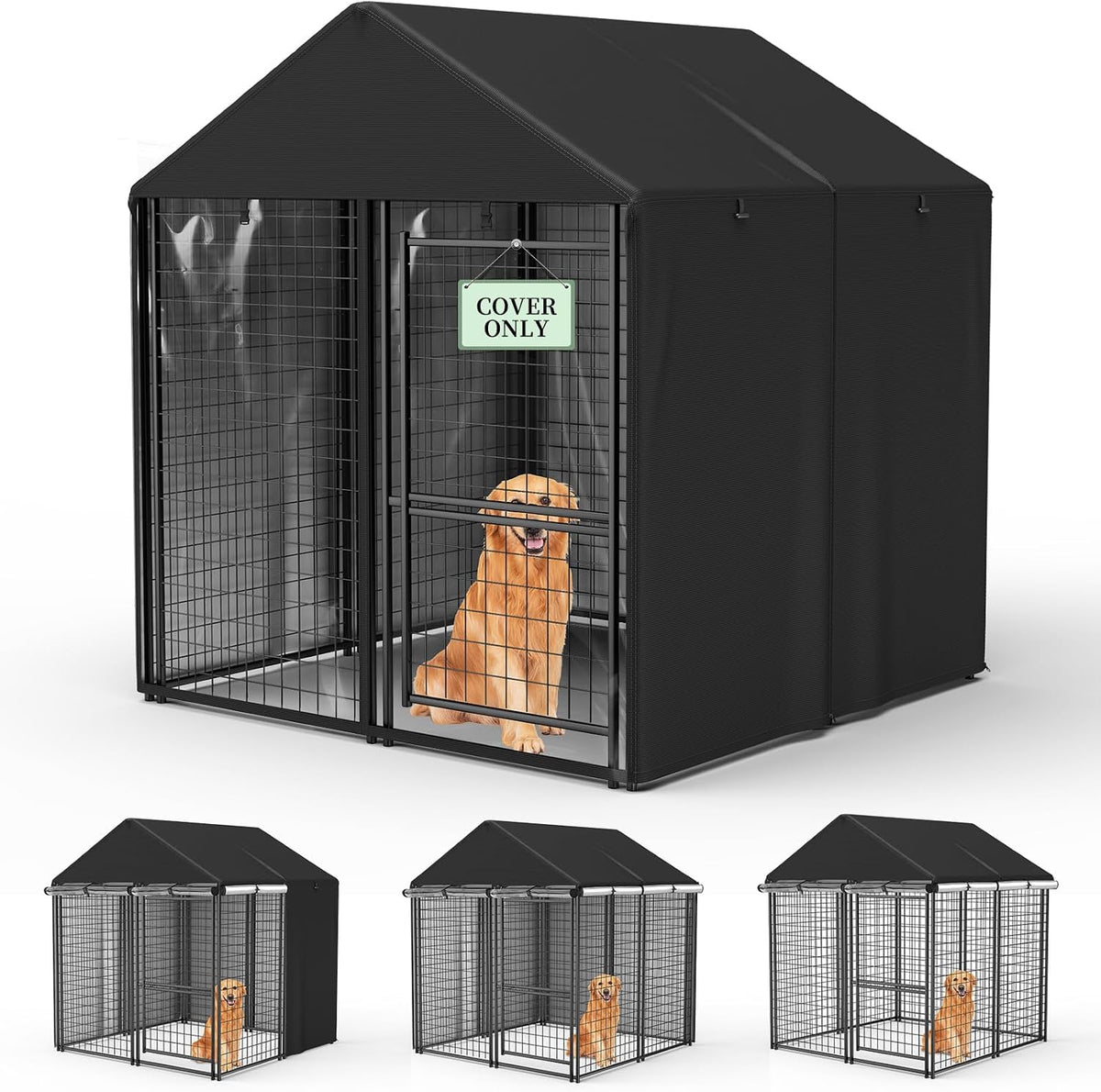 Black waterproof cover draped over a large outdoor dog kennel – view 3