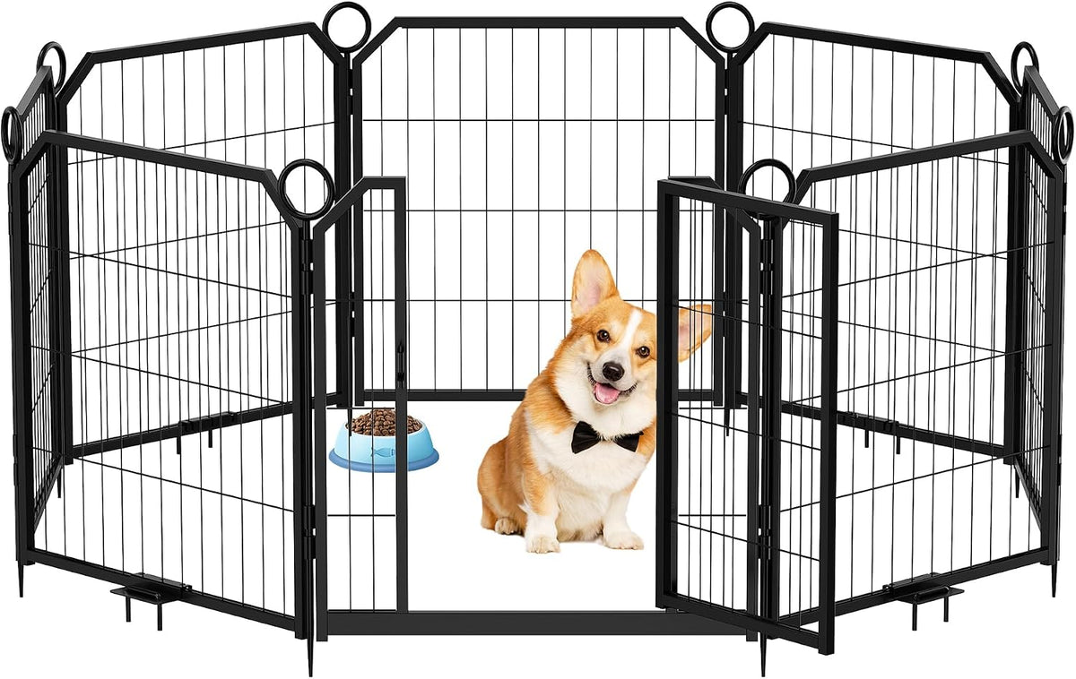Black 16-panel metal dog playpen with lockable door in a yard – view 4