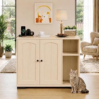 Cat Litter Box Enclosure Furniture for Automatic Litter Boxes, Hidden Cabinet End Table with Side Outlet and Charging Hub