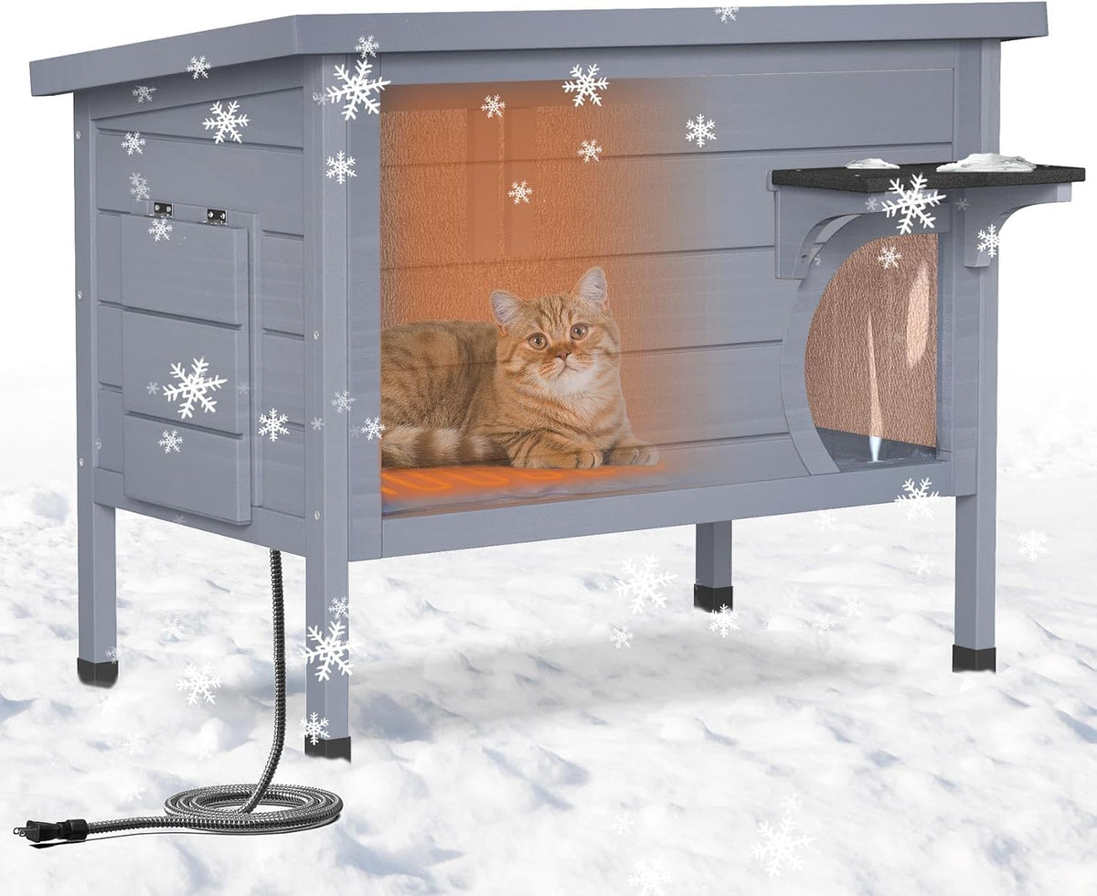 Wooden heated outdoor cat house with escape door and elevated base