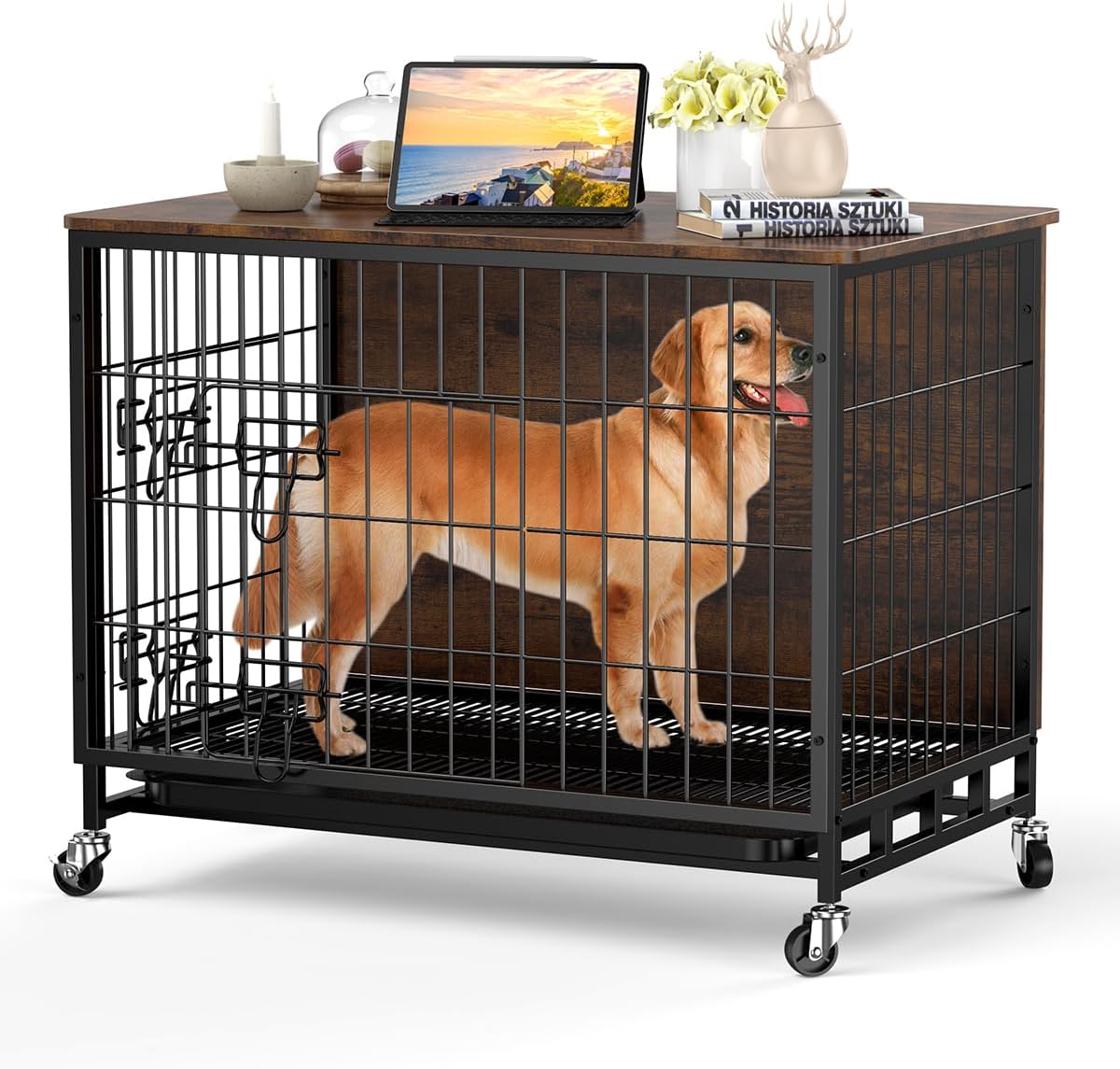 Small rustic brown dog crate end table with front and side doors