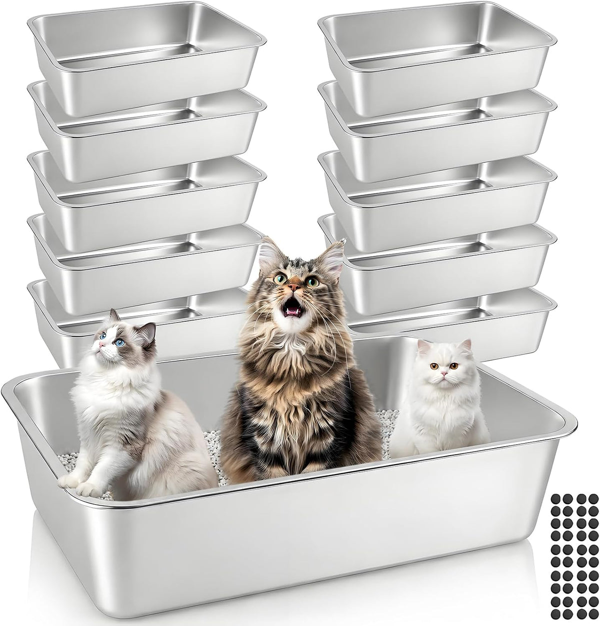 Stack of XL high-sided stainless steel litter pans
