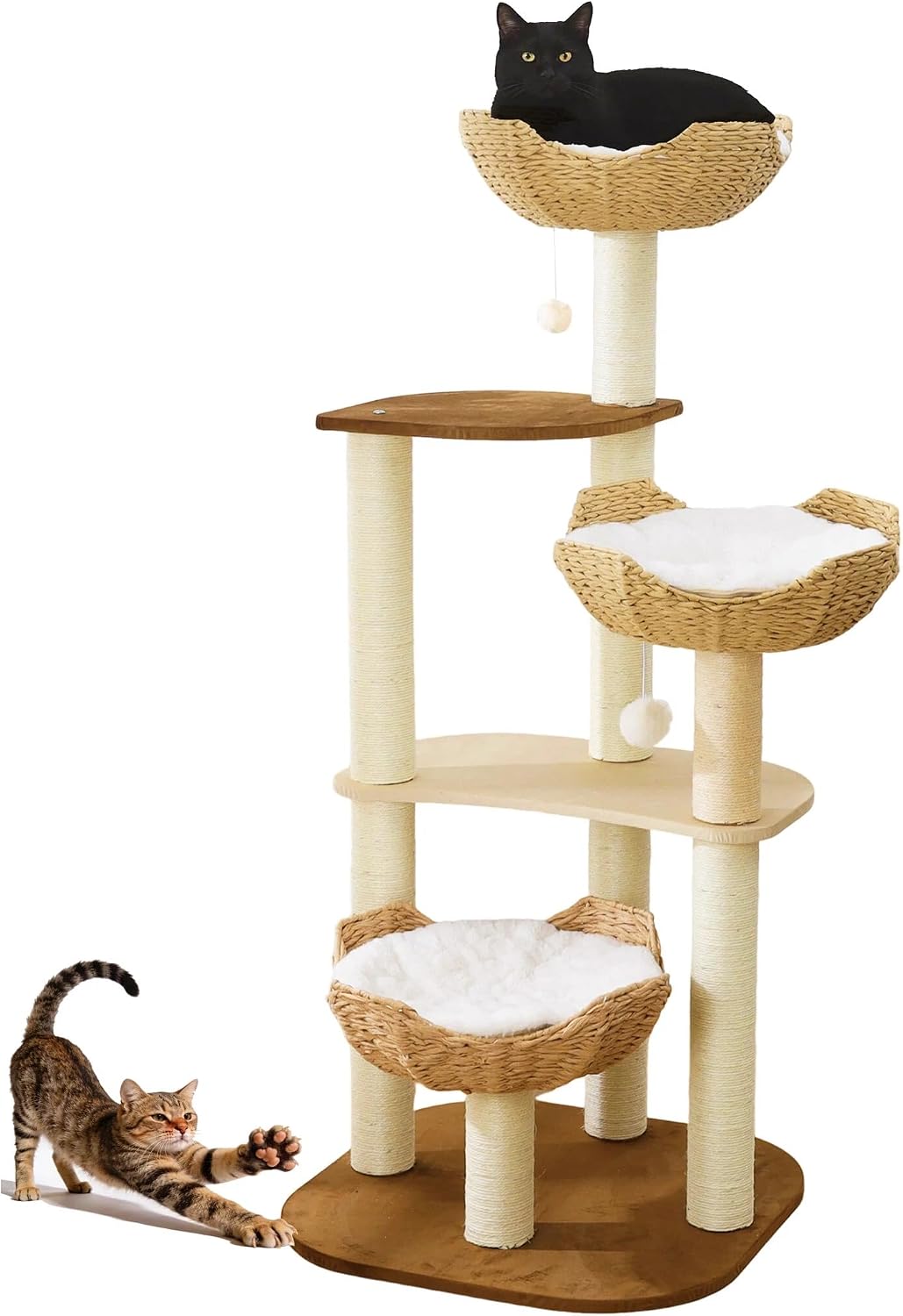 Modern wood cat tree with woven basket nest and sisal posts