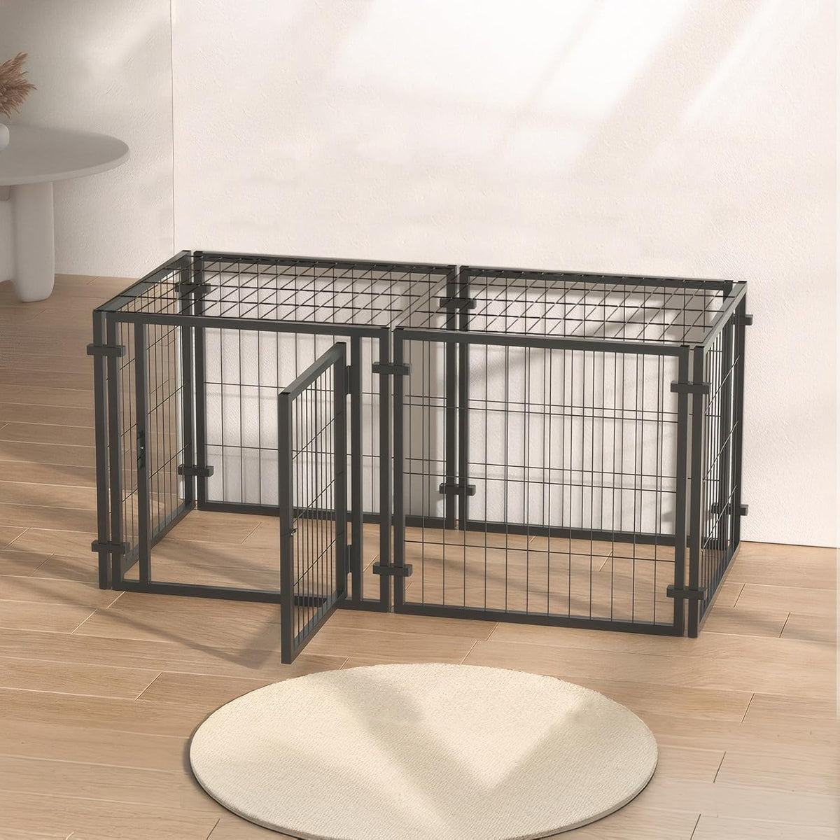 Black metal indoor dog pen kennel with top cover – view 2