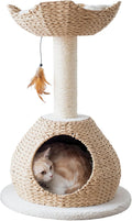 Beige two-level cat tree with woven paper rope condo and basket bed