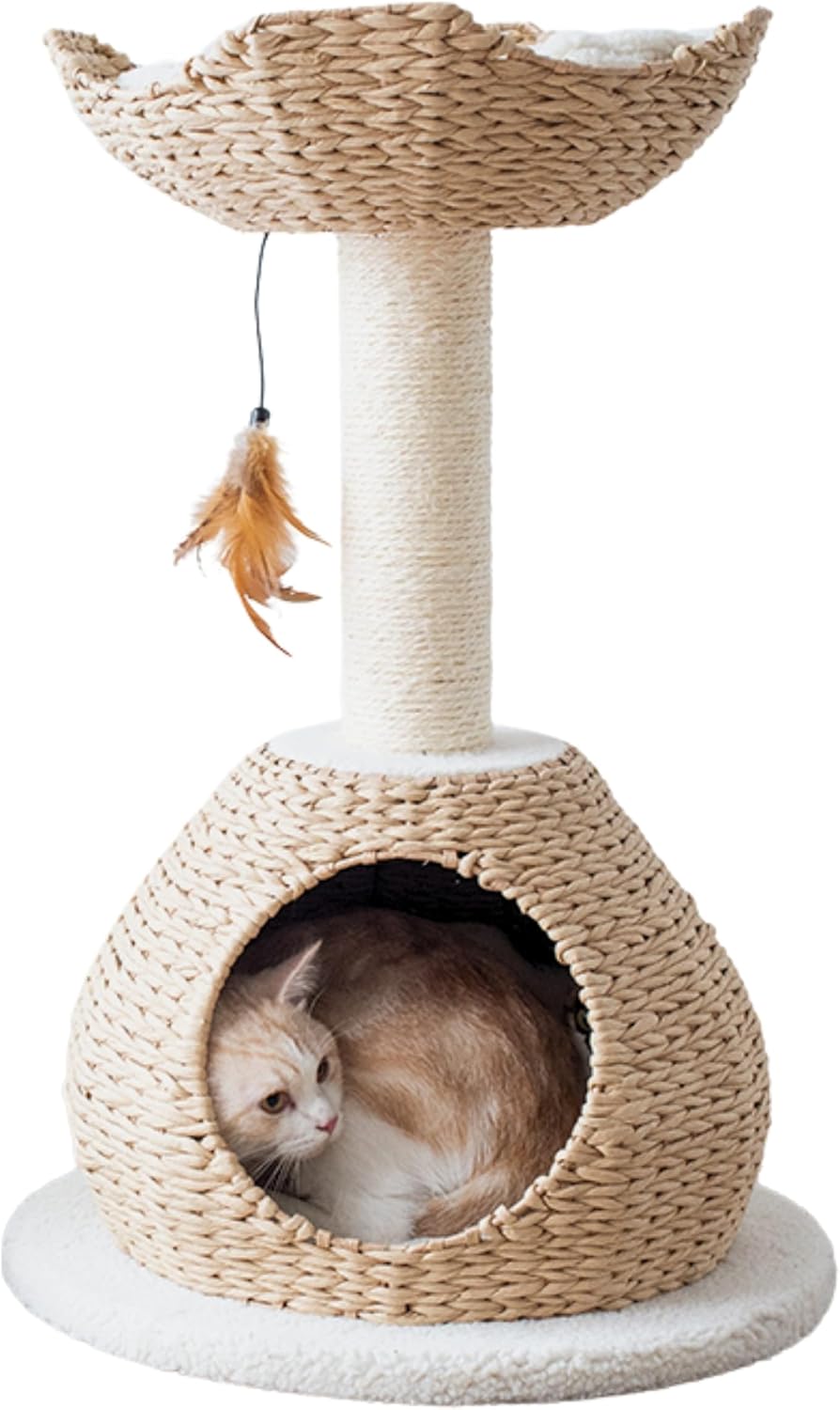 Beige two-level cat tree with woven paper rope condo and basket bed