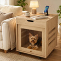 Natural wood small dog crate end table with flip-up glass door and lift-top storage
