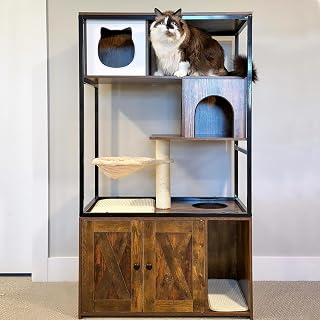 Cat Litter Box Enclosure with Cat Cave, Scratching Post, Hammock and Storage, 57.5 Inch, Brown