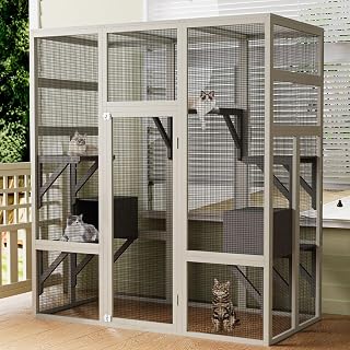70.1 Inch Wooden Catio with 7 Platforms, 2 Napping Houses and Mesh
