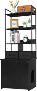 Black tall litter box enclosure with metal frame, shelves and drawers