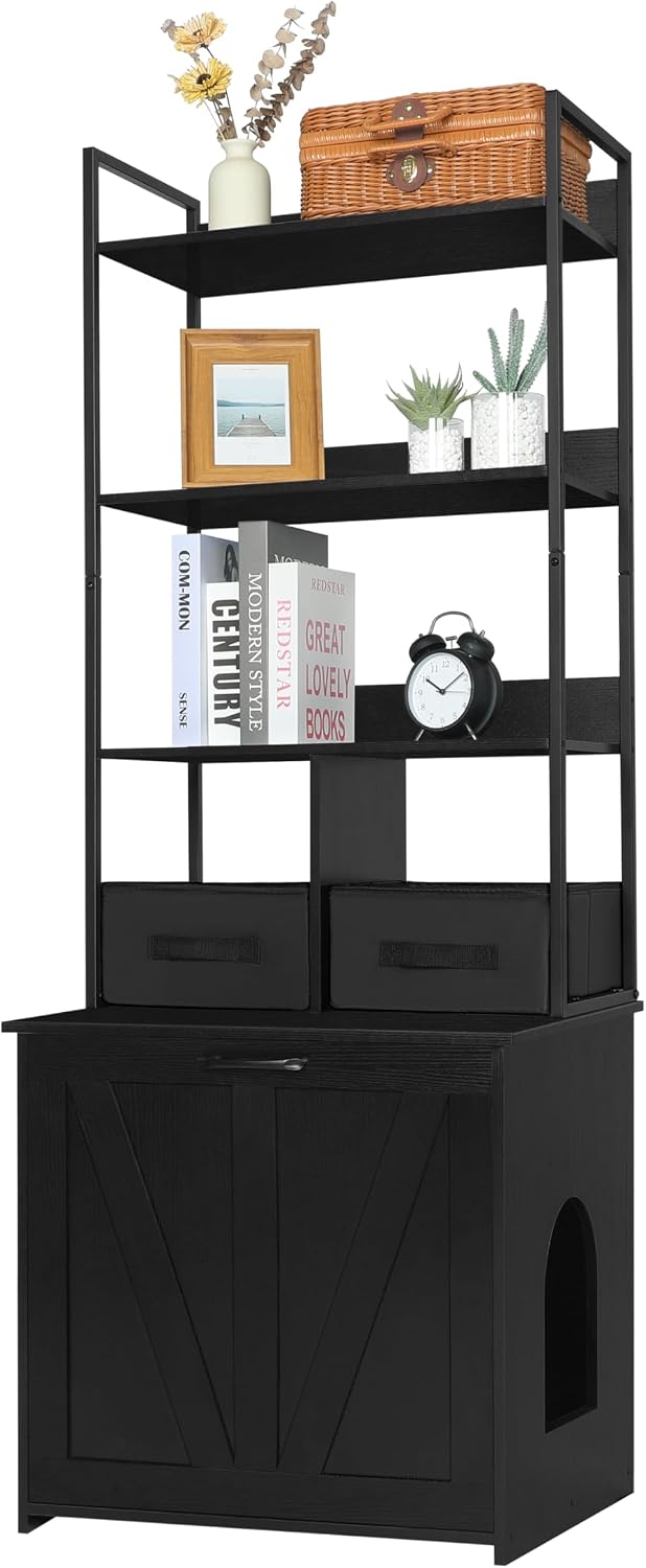 Black tall litter box enclosure with metal frame, shelves and drawers