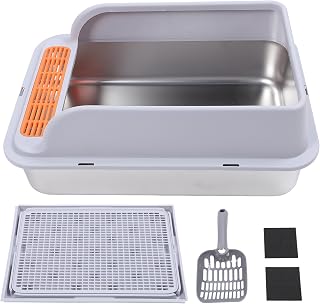 Extra Large Stainless Steel Cat Litter Box, Open Top, Splash-Proof, Khaki, 32.7 x 24.4 x 31.5 in