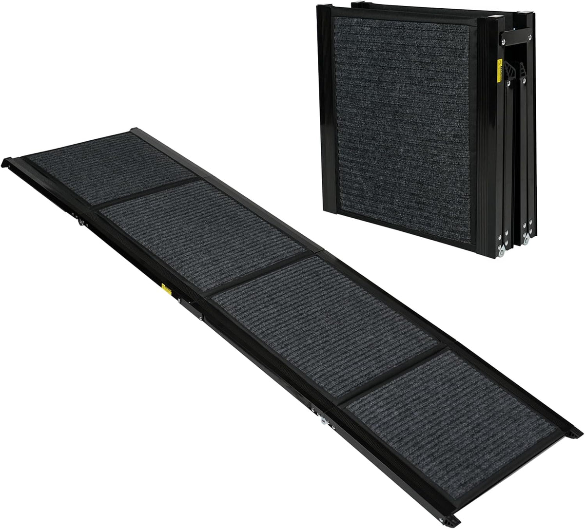 Black foldable felt dog ramp with metal frame leaning against an SUV