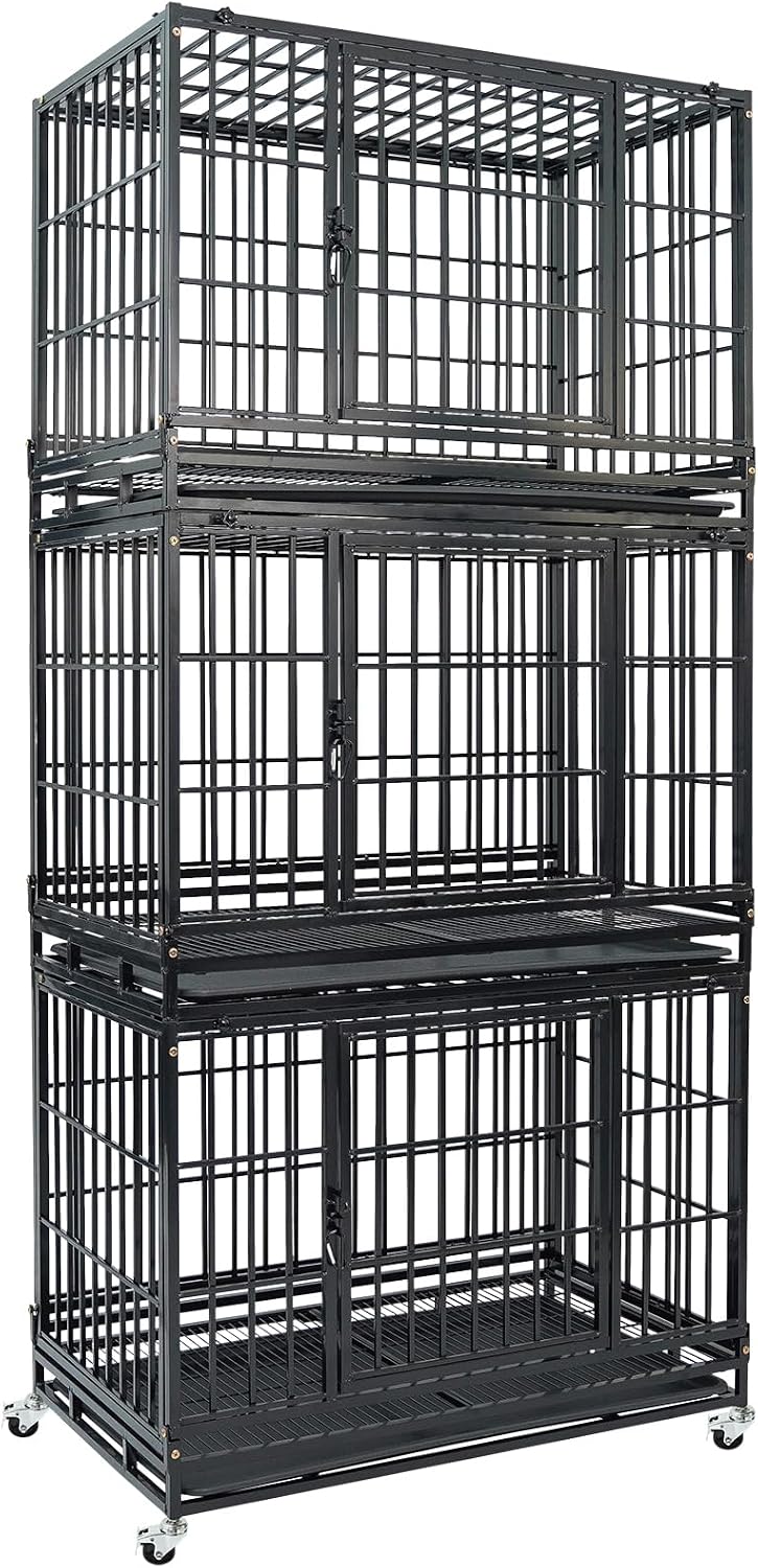 Two stacked 36 inch heavy duty metal dog crates on lockable wheels – view 3