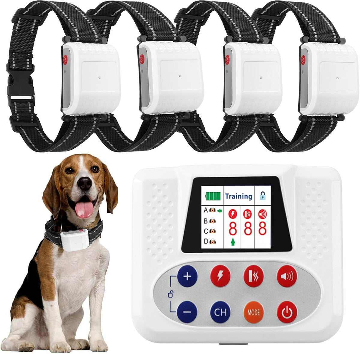 Wireless dog boundary transmitter with remote control and four rechargeable training collars