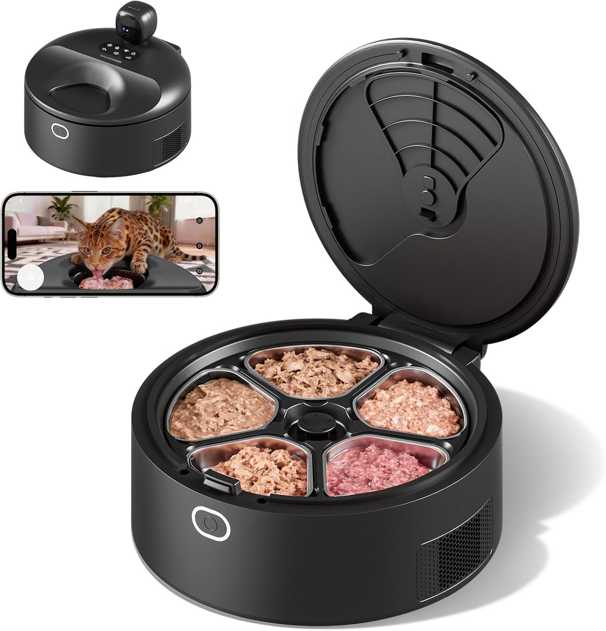 Black automatic wet food cat feeder with camera and five meal tray