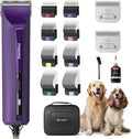 Purple heavy-duty pet grooming clipper with detachable blades and metal combs