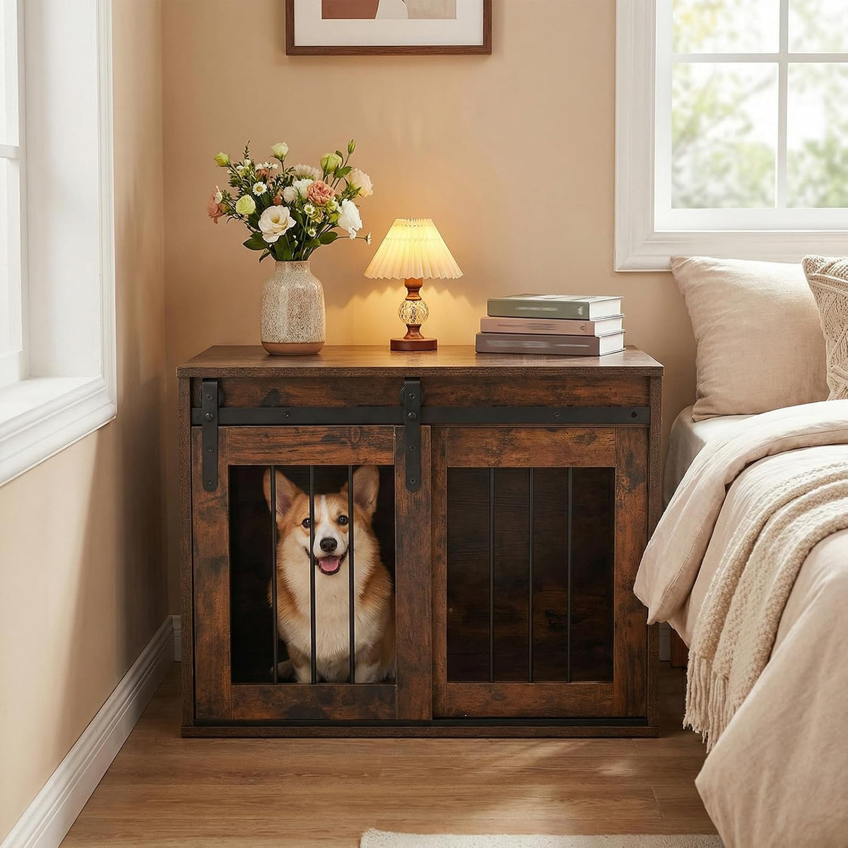 Rustic brown 31.5 inch farmhouse wooden dog crate with sliding barn door
