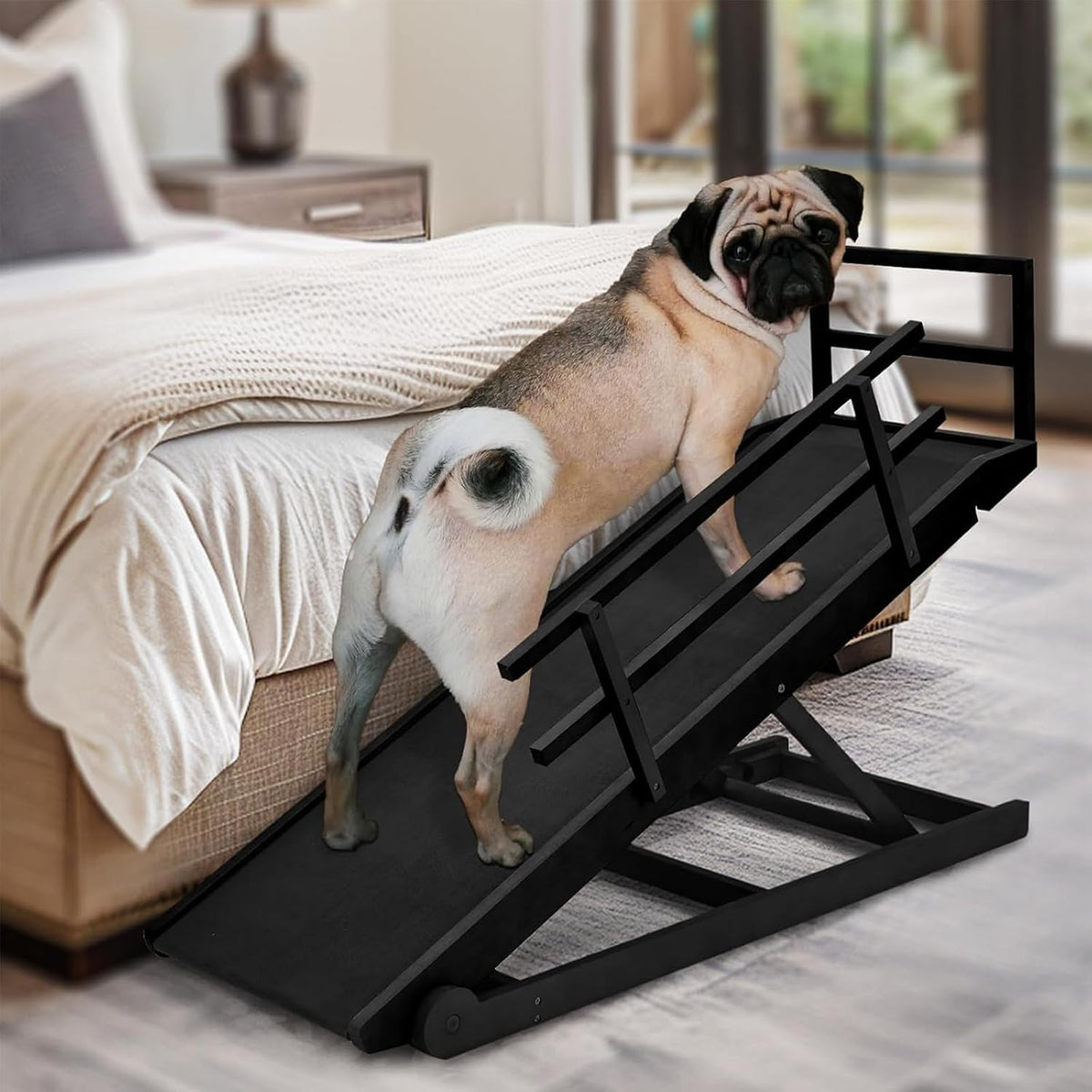 Foldable wooden dog ramp with railings leading up to a couch – view 3