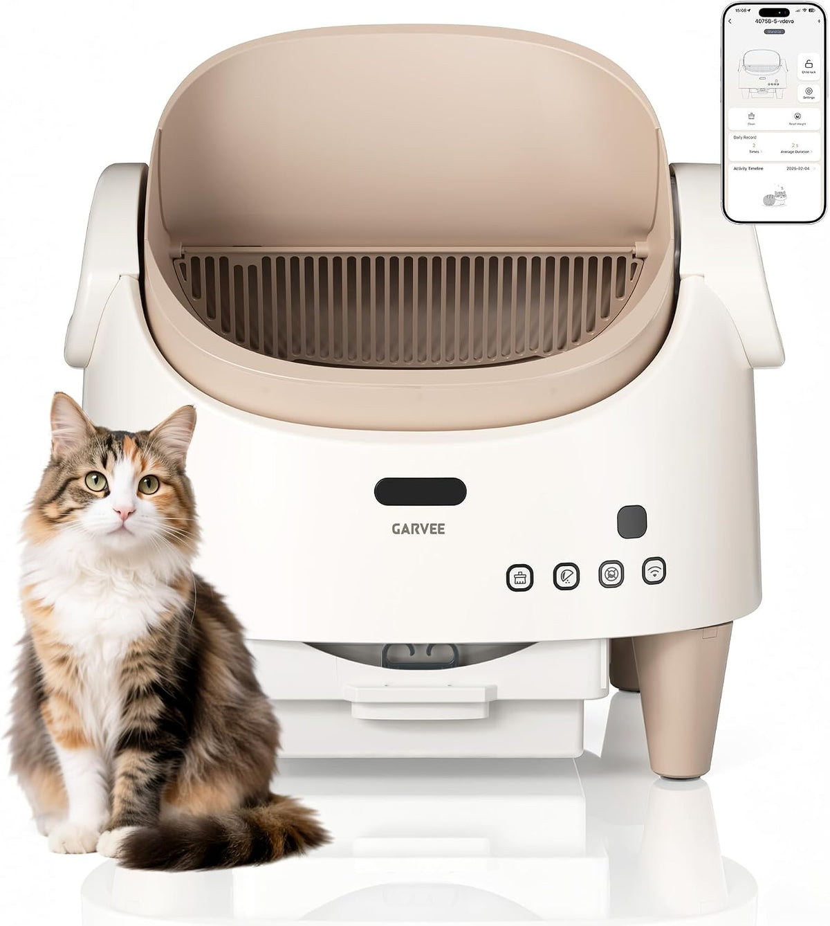 White and khaki open-top self-cleaning litter box