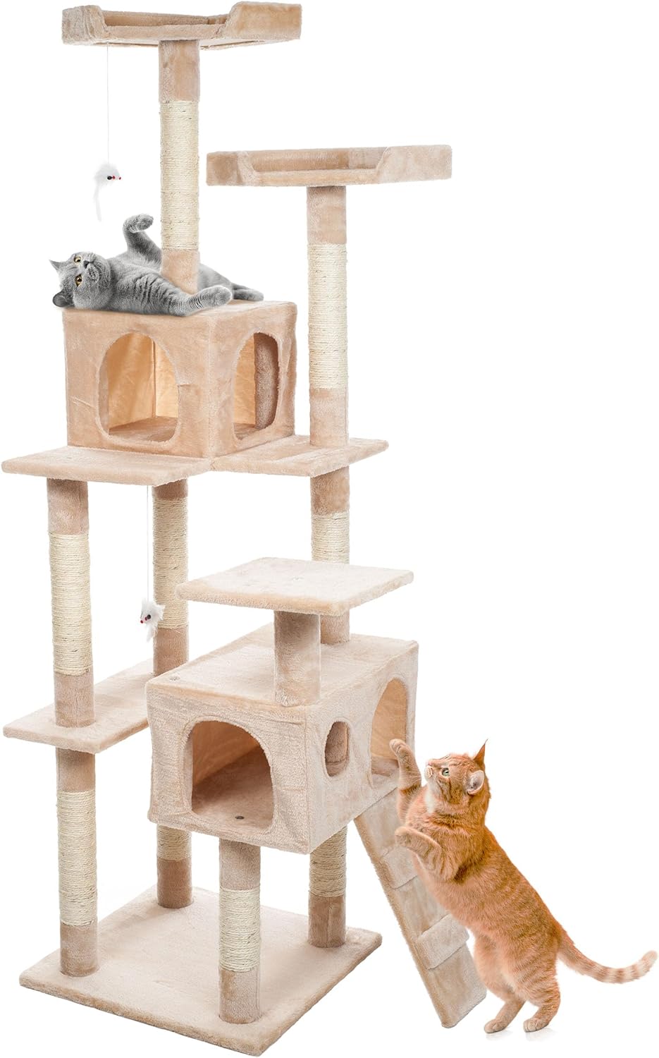 Beige 66 inch carpeted cat tower with sisal posts and two condos