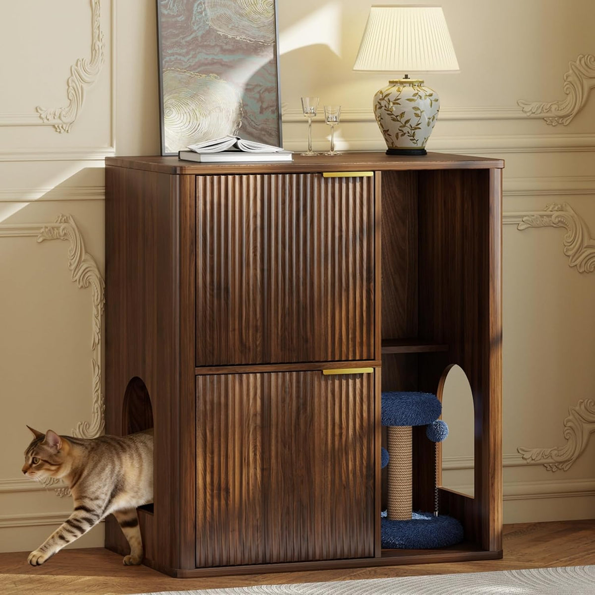 Walnut mid-century fluted double litter box enclosure for two cats