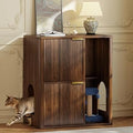 Double Cat Litter Box Enclosure, Fluted, Mid Century, with Scratching Post and Dangling Ball, Walnut