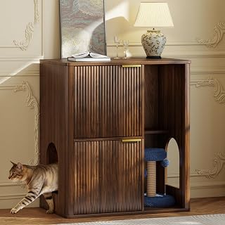 Double Cat Litter Box Enclosure, Fluted, Mid Century, with Scratching Post and Dangling Ball, Walnut