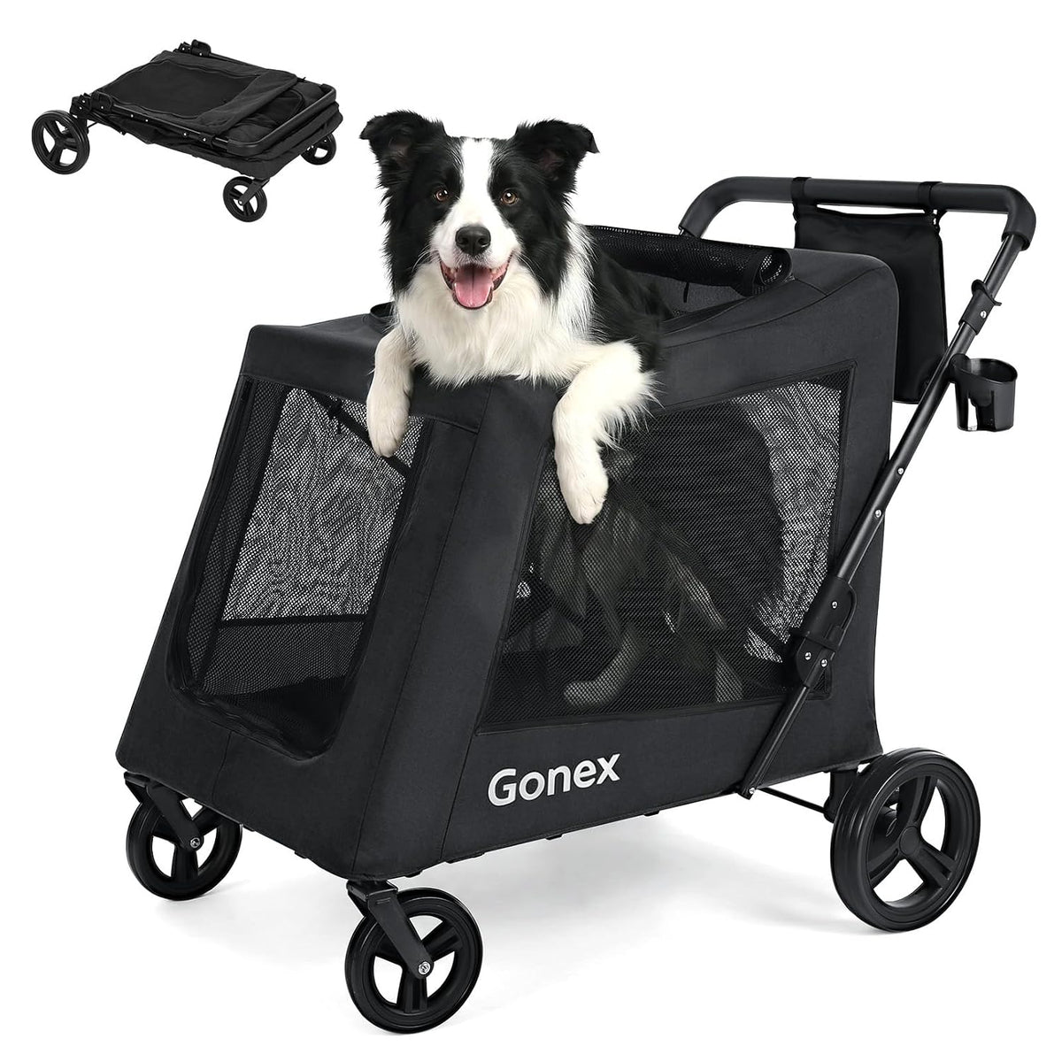 Black foldable dog stroller wagon with low entry cabin and large wheels