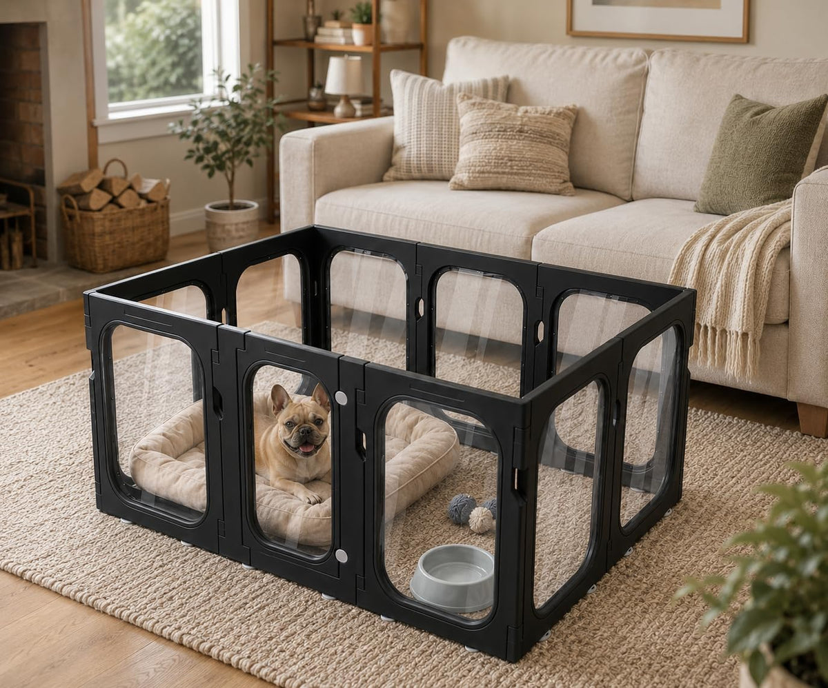 Clear acrylic puppy playpen with black frame and locking door