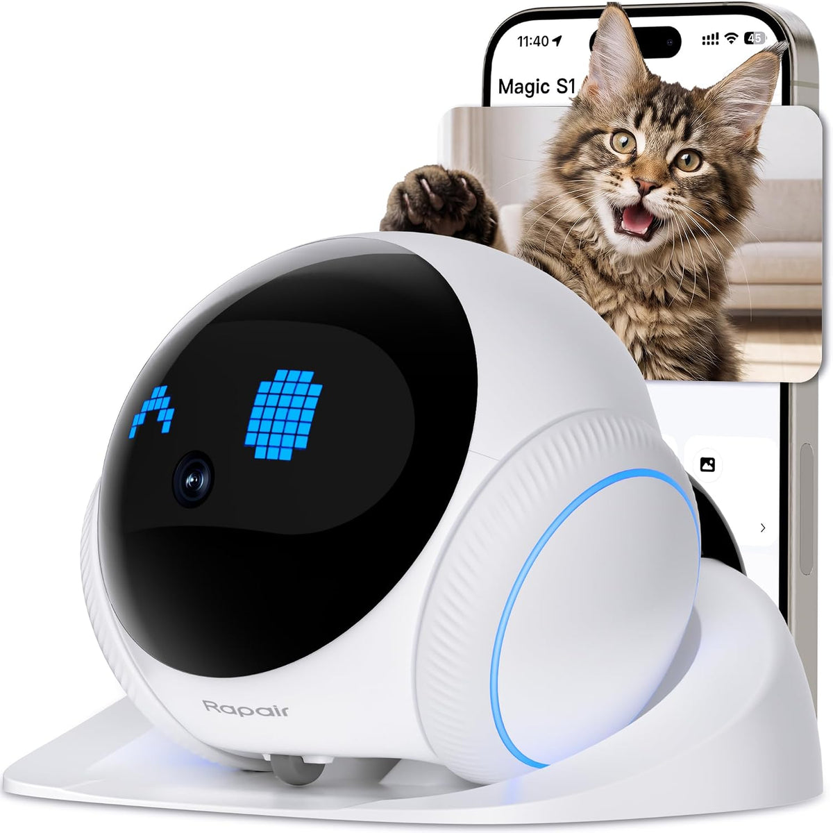 Small wheeled 1080P pet camera robot moving across a living room floor