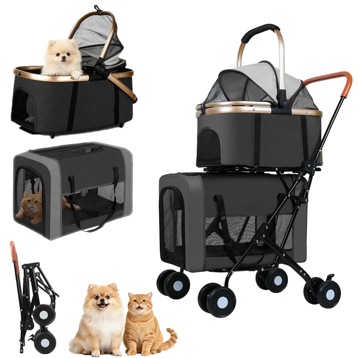 Green double pet stroller with two detachable stacked carriers – view 3
