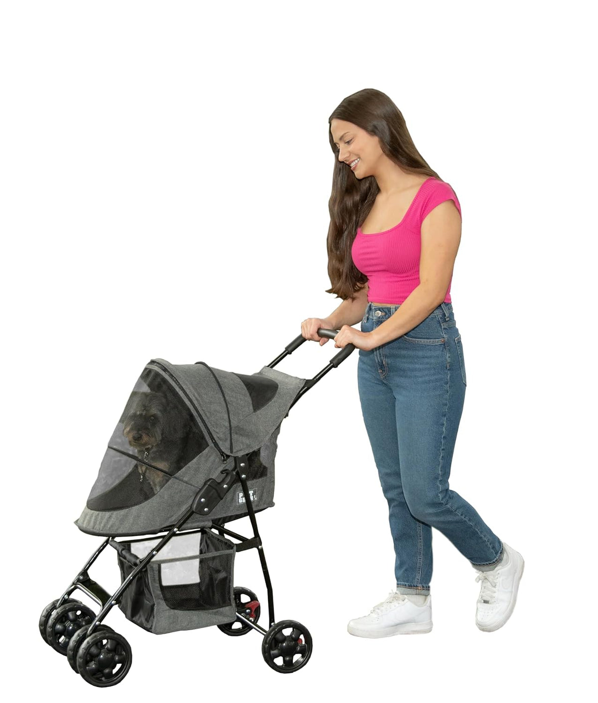 Classic grey lightweight folding pet stroller with storage basket