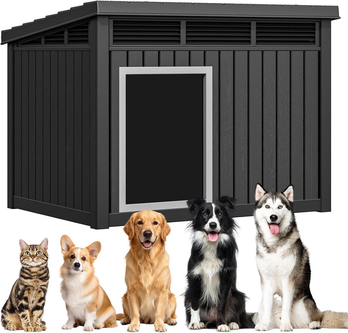 Black large plastic dog house with removable roof and raised floor