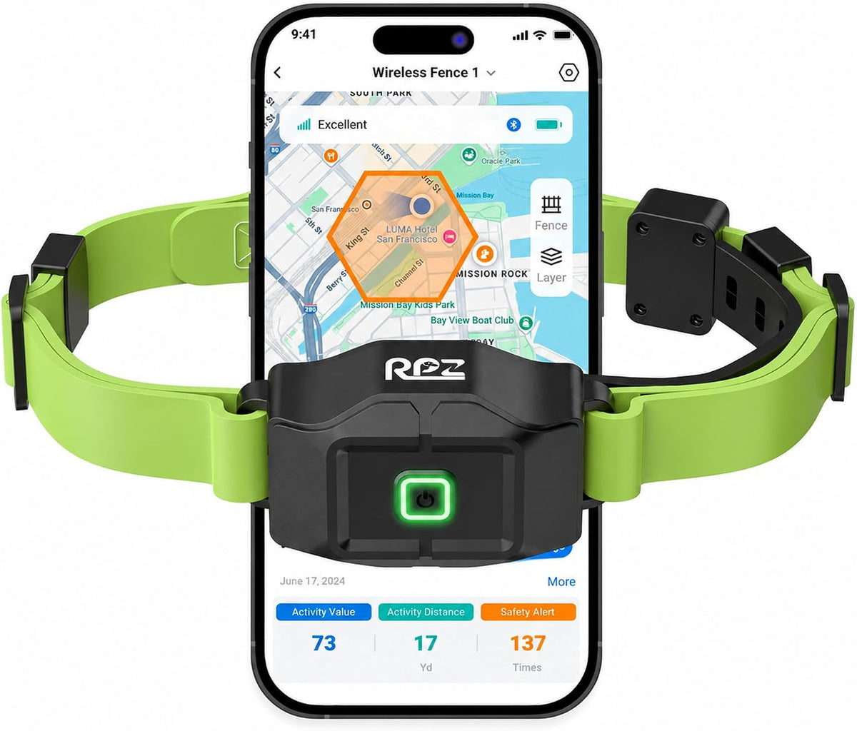 GPS wireless dog fence collar shown with a phone app boundary map – view 5