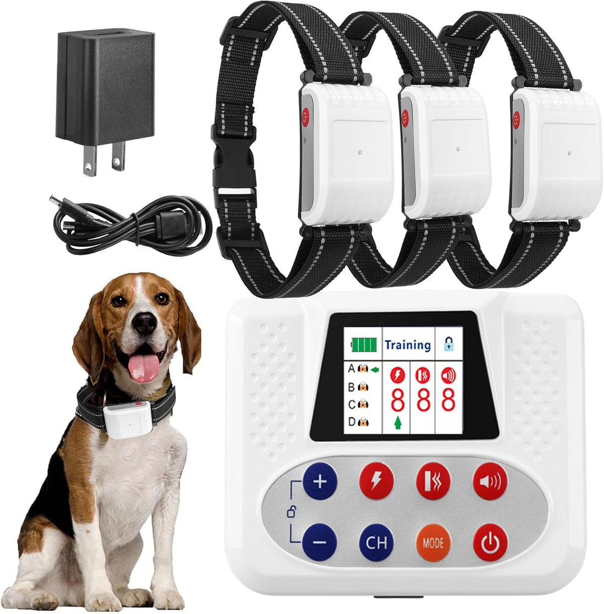 Wireless dog boundary transmitter with remote control and four rechargeable training collars – view 4