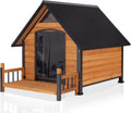 Outdoor dog house with front porch, asphalt shingle roof and clear door flap