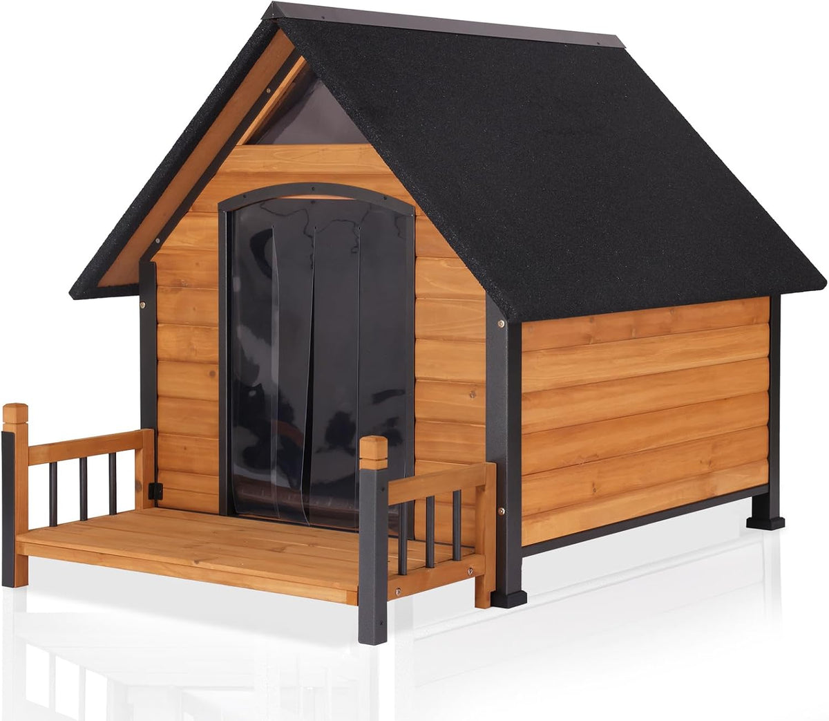 Outdoor dog house with front porch, asphalt shingle roof and clear door flap