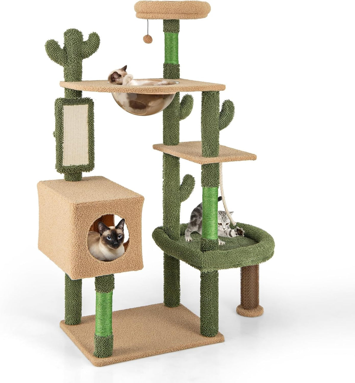 Green cactus-shaped cat tree with space capsule and bed